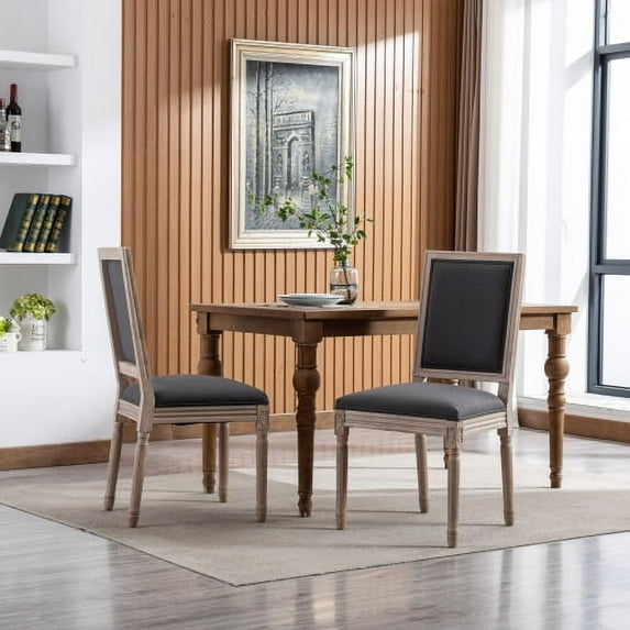 Dining Chairs Set of 2, French Linen Upholstered Dining Room Chairs with Squre Fabric Backrest and Carving Solid Wood Leg, Farmhouse Style Accent Chair for Living Room Kitchen, Gray