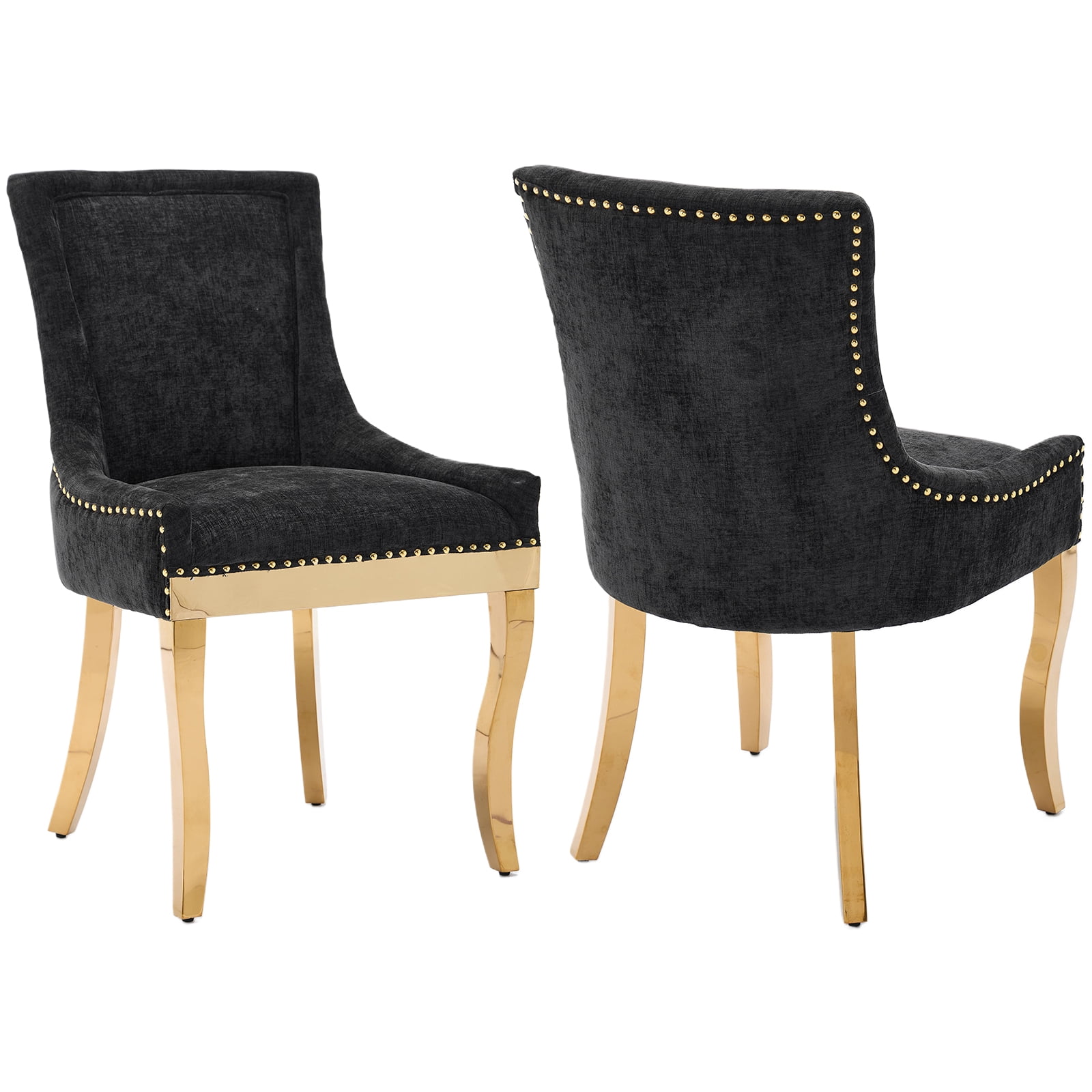 Dining Chairs Set of 2, Kitchen & Dining Room Chairs, Chenille Fabric Upholstered Dinning Chairs, Sillas De Comedor, Nailhead Trim, Metal Legs (Black, 2 Pcs)