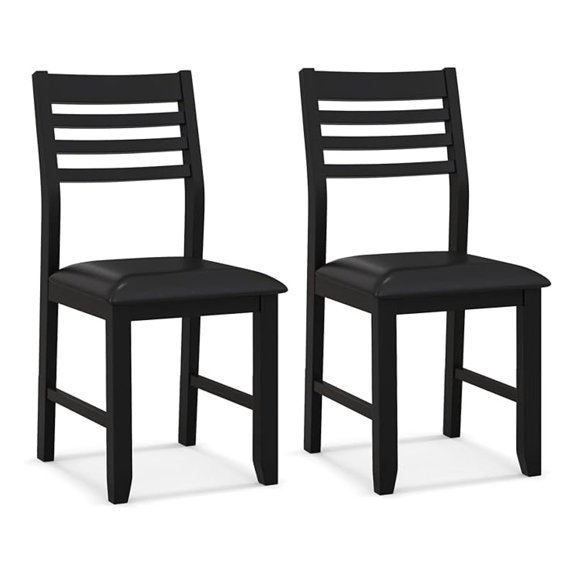 Dining Chairs Set of 2, Ladder Back Kitchen Side Chairs with Rubber Wood Frame, PU Leather Padded Cushion, Upholstered Armless Accent Chairs for Dining Room, Living Room, Black