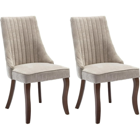 Dining Chairs Set of 2，Linen Channel Tufted Kitchen Dining Room Chair with Curved Solid Wood Legs, Comfortable Fabric Upholstered Dining Chair for Dining Room