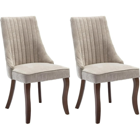 Dining Chairs Set of 2,Linen Channel Tufted Kitchen Dining Room Chair with Curved Solid Wood Legs, Comfortable Fabric Upholstered Dining Chair for Dining Room