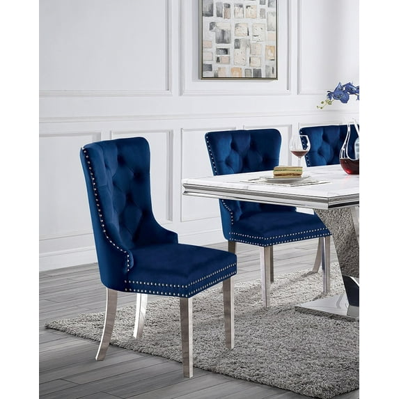 Dining Chairs Set of 2, Luxurious Upholstered Tufted Dining Chairs with Stainless Steel Legs and Pull R-ing Trim, Button-Tufted Side Chairs for Living Room, Dining Room, Blue