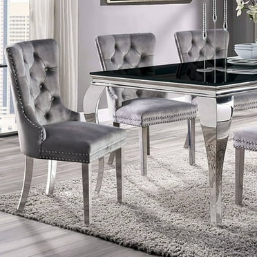 Dining Chairs Set of 2, Luxurious Upholstered Tufted Dining Chairs with Stainless Steel Legs and Pull R-ing Trim, Button-Tufted Side Chairs  for Living Room, Dining Room, Gray