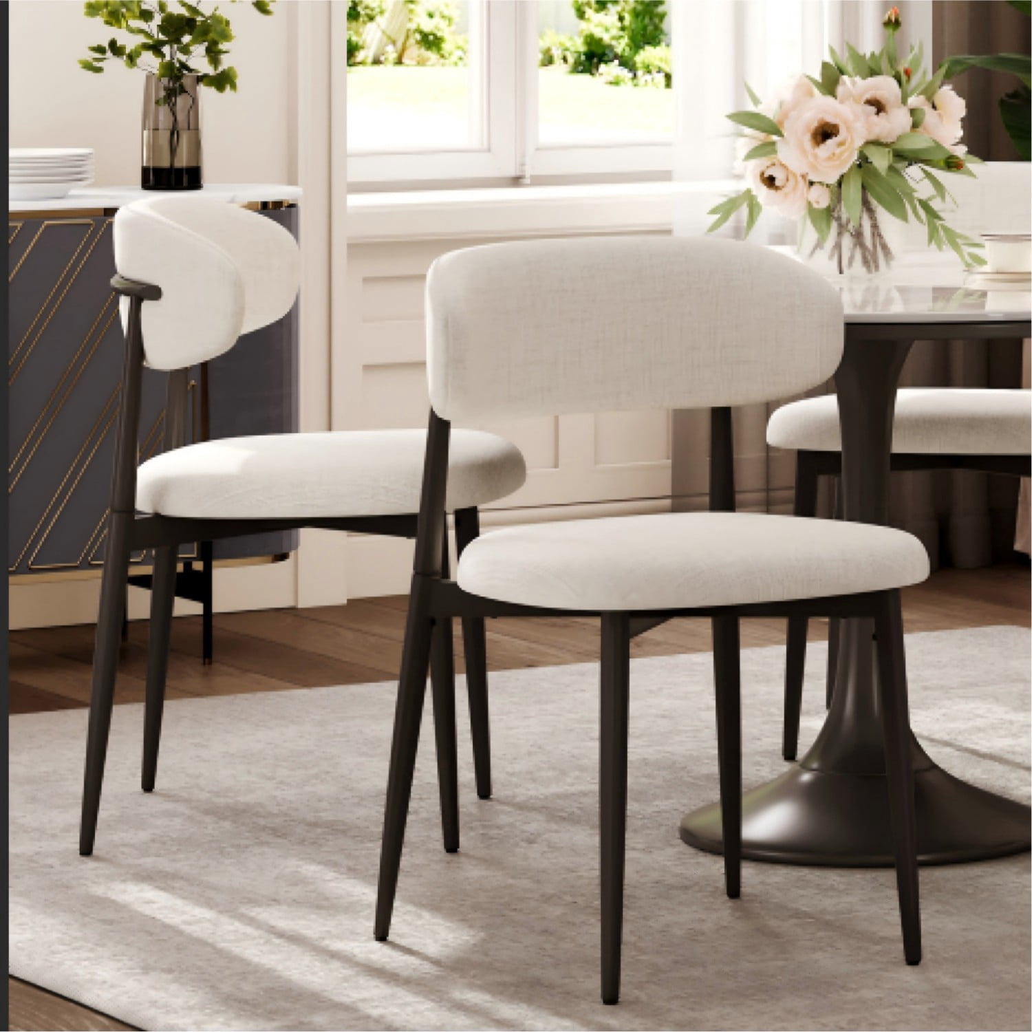 Dining Chairs Set of 2 Metal Kitchen Chairs Modern Upholstered Fabric Dining Room Chairs with Ergonomic Backrest Beige Industrial Farmhouse Style, Black