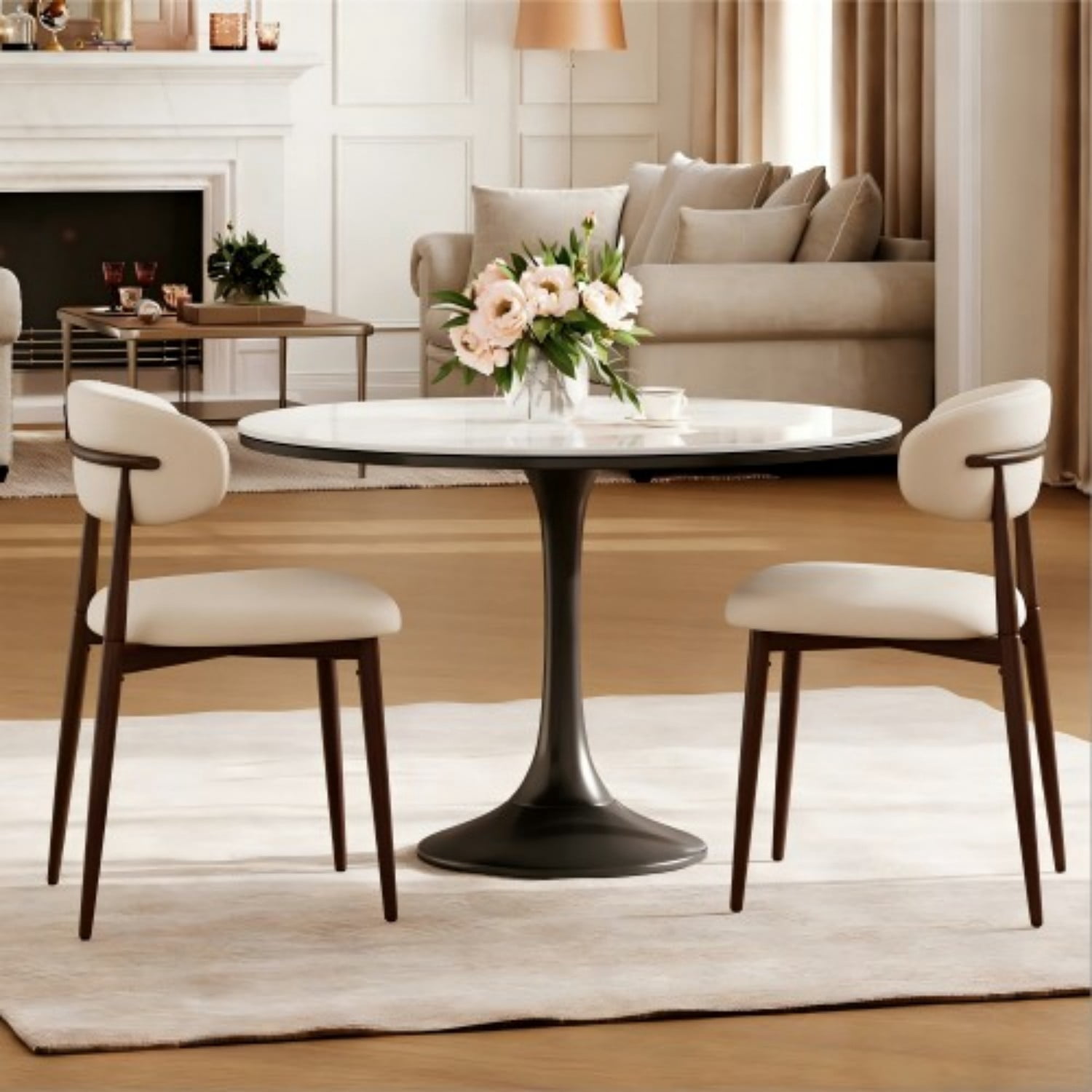 Dining Chairs Set of 2 Metal Kitchen Chairs Modern Upholstered Fabric Dining Room Chairs with Ergonomic Backrest Beige Industrial Farmhouse Style, Walnut