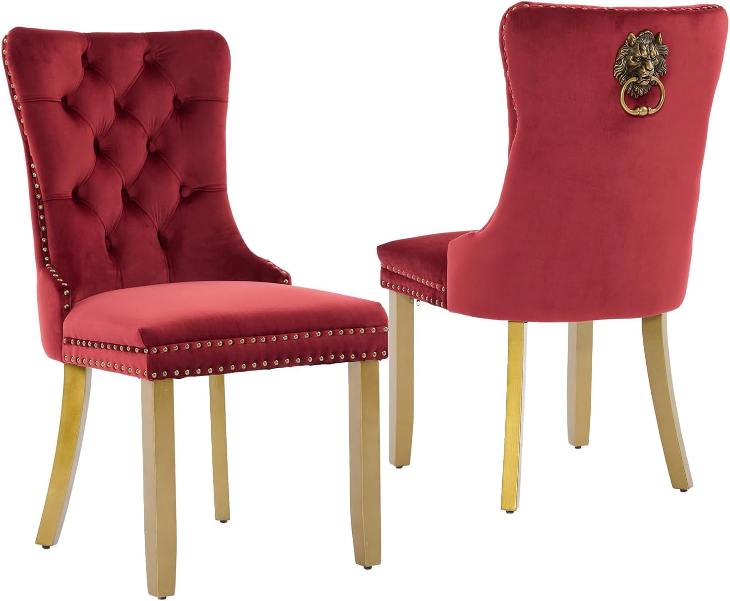 Mid-Century Modern Dining Chairs Set of 2 – High-End Tufted Velvet Upholstered Chairs with Lion Head Pull Ring, Golden Wooden Legs & Nailhead Trim, Contemporary Luxury Side Chairs - Beige SW1201BG