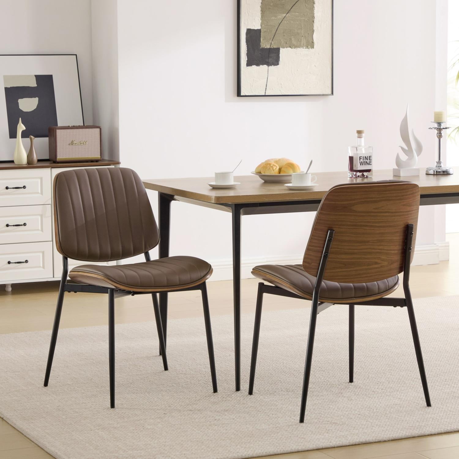 Dining Chairs Set of 2, Mid Century Modern Chairs, Retro Dining Chairs&nbsp;Waterproof PU Leather Upholstery, Walnut Bentwood Backrest, Metal Tapered Legs With Wider Stance For Stability