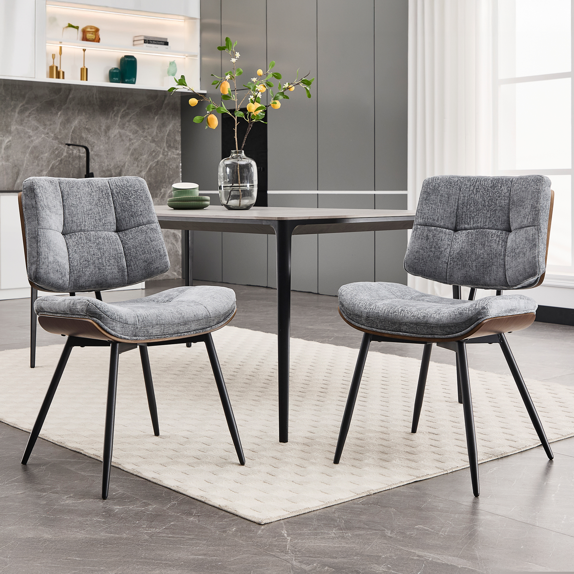Dining Chairs Set of 2, Mid-Century Modern Kitchen & Dining Chairs, Fabric Upholstered Accent Chair with Metal Legs, Walnut Style Armless Side Chairs for Guest Reception Waiting Room, Gray