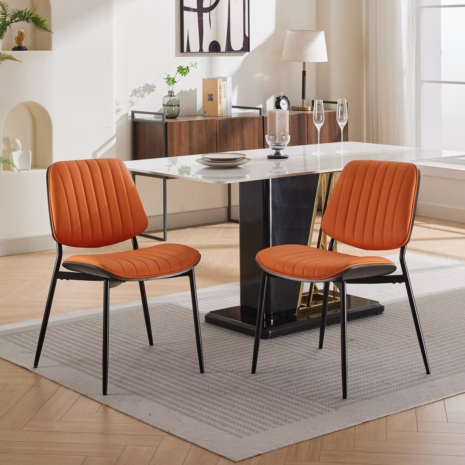Dining Chairs Set of 2 Mid Century Modern PU Leather Upholstered Dining Room Chairs with Curved Back and Metal Legs Adjustable Feet Luxury Ultra