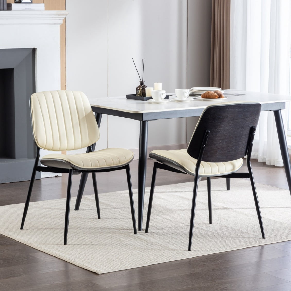 Set Of 2 Mid-Century Modern Dining Chairs - PU Leather, Walnut Arms, Diamond Cushion, Metal Legs