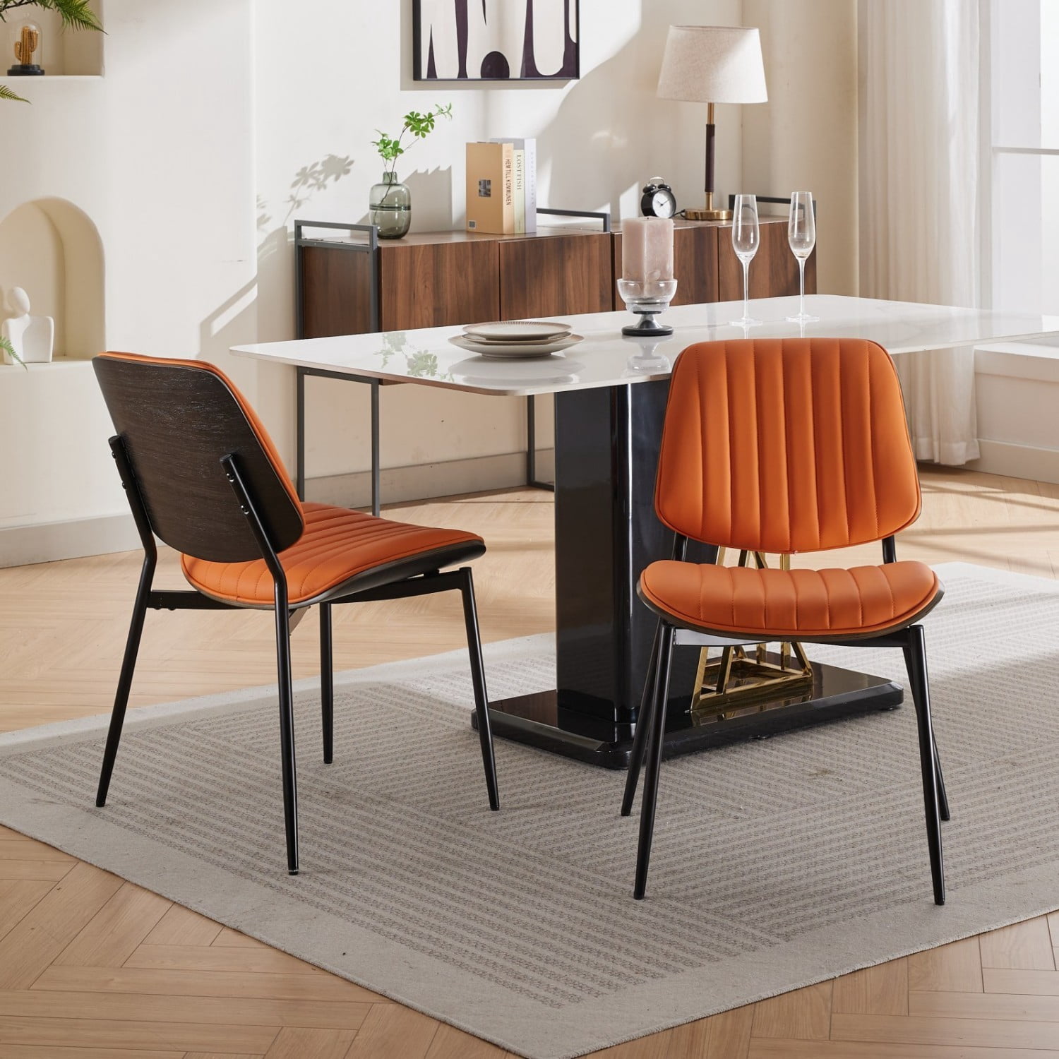 Dining Chairs Set of 2 Mid Century Modern Retro Faux Leather Chairs with Walnut Bentwood Back Upholstered Seat Metal Legs Adjustable Foot Pads Kitchen Dining Room Chairs, Orange