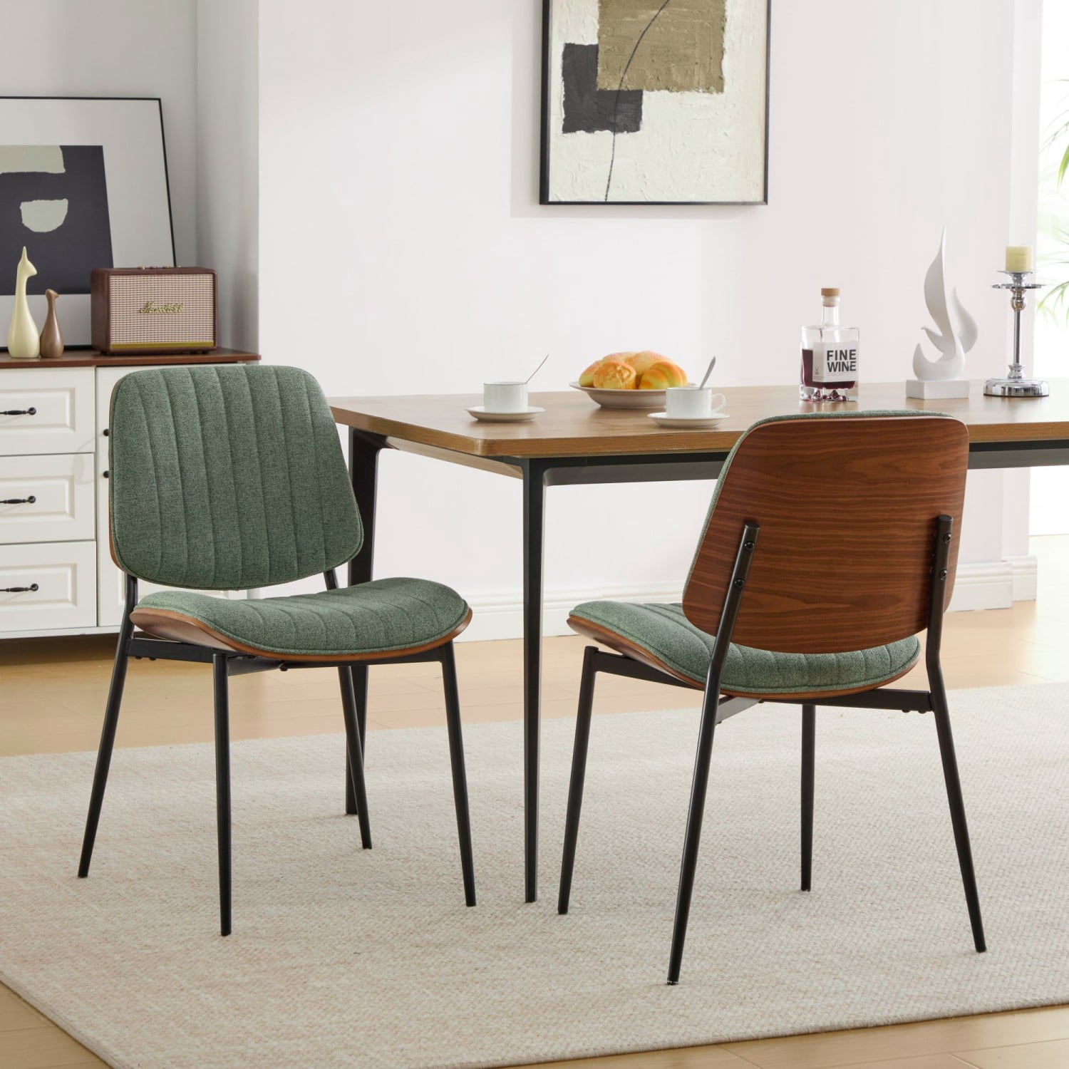 Dining Chairs Set of 2 Mid Century Modern Retro Faux Leather Chairs with Walnut Bentwood Back Upholstered Seat Metal Legs Adjustable Foot Pads Kitchen Dining Room Chairs, Olive Green