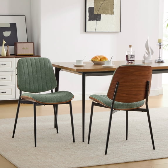 Dining Chairs Set of 2 Mid Century Modern Retro Linen Chair with Walnut Bentwood Back Upholstered Seat Metal Legs Adjustable Foot for Kitchen Dining Room Chairs(Olive Green Linen)
