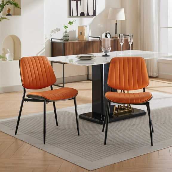 Dining Chairs Set of 2, Mid-Century Modern Upholstered PU Leather Chairs with Bentwood Back and Cushion, Accent Side Chairs with Metal Legs, for Kitchen, Dining Room, Orange