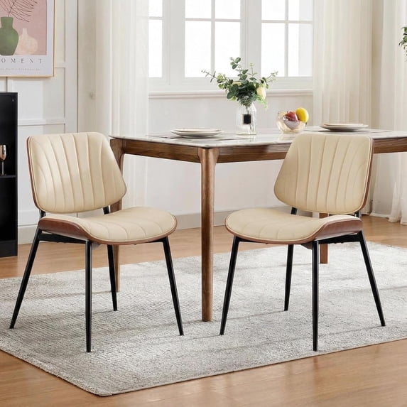 Dining Chairs Set of 2, Mid-Century Modern Upholstered Retro PU Leather Kitchen Chairs with Walnut Bentwood Back and Metal Legs Adjustable Feet for Kitchen Dining Room, Beige Shell Strips