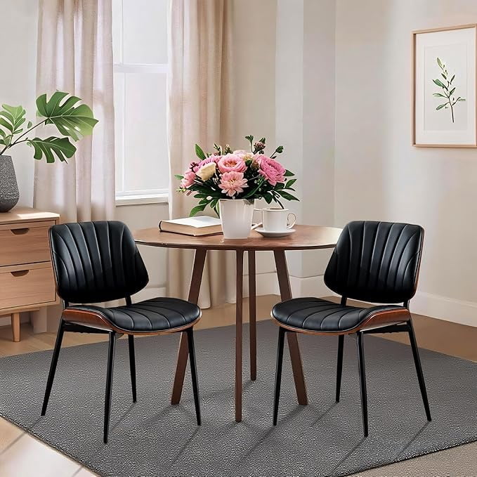 Dining Chairs Set of 2 - Mid Century Modern Upholstered Retro PU Leather Kitchen Chairs with Walnut Bentwood Back and Metal Legs for Dining Room and Kitchen, Black Shell Strips