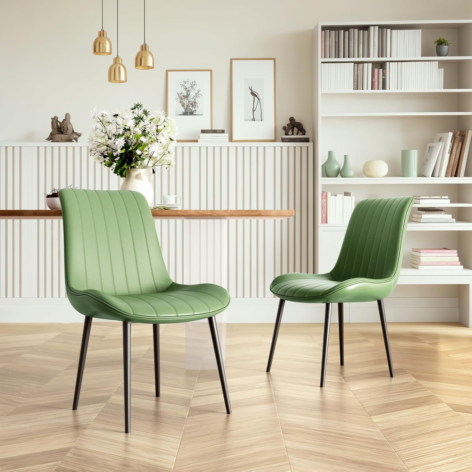 Set of 2 Green Faux Leather Upholstered Dining Chairs with Metal Legs