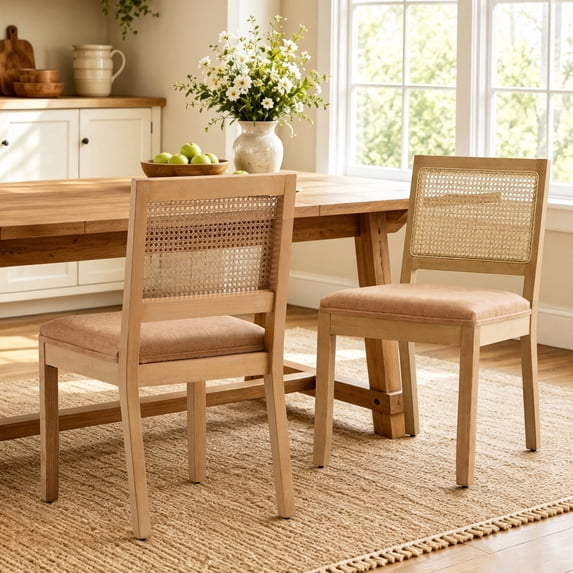 Dining Chairs Set of 2, Farmhouse Rattan Kitchen Chairs with Cane Back, LEGAHOME Upholstered Tan Dining Room Chairs, Wood Side Chair for Kitchen Dining Room