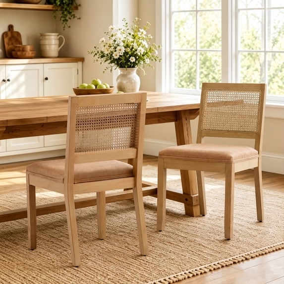 Dining Chairs Set of 2, Modern Farmhouse Rattan Kitchen Chairs with Cane Back, LEGAHOME Upholstered Tan Dining Room Chairs, Wood Side Chair for Kitchen Dining Room
