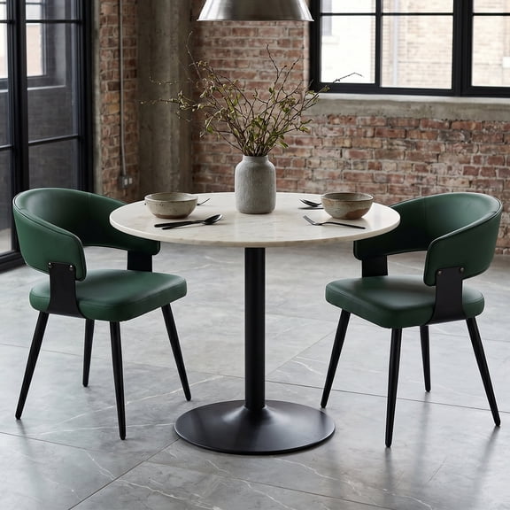 Dining Chairs Set of 2, Modern Faux Leather Kitchen Chairs with Curved Backrest Armrests, Heavy Duty Frame Easy to Clean for Dining Rooms Cafes and Small Spaces, Green