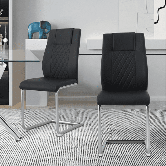 Dining Chairs Set of 2, Modern Dining Chairs with Faux Leather Padded Seat Upholstered High Back Diner Chair with Metal Legs for Kitchen, Living, Bedroom, Dining Room Armless Side Chair, Black