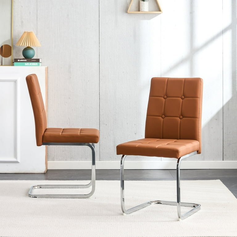 Dining Chairs Set of 2 Modern Style Kitchen Upholstered with Inset Buttons C shaped Tube Plating Metal Legs PU office Chairs for Dining Room Office