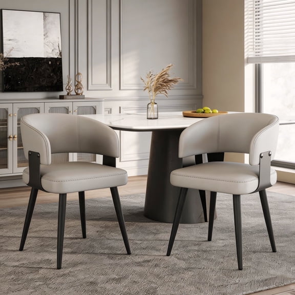 Dining Chairs Set of 2, Modern Upholstered Faux Leather Dining Room Chair, Kitchen Side Chairs, Mid Century Dinner Chair with Curved Open Back for Kitchen