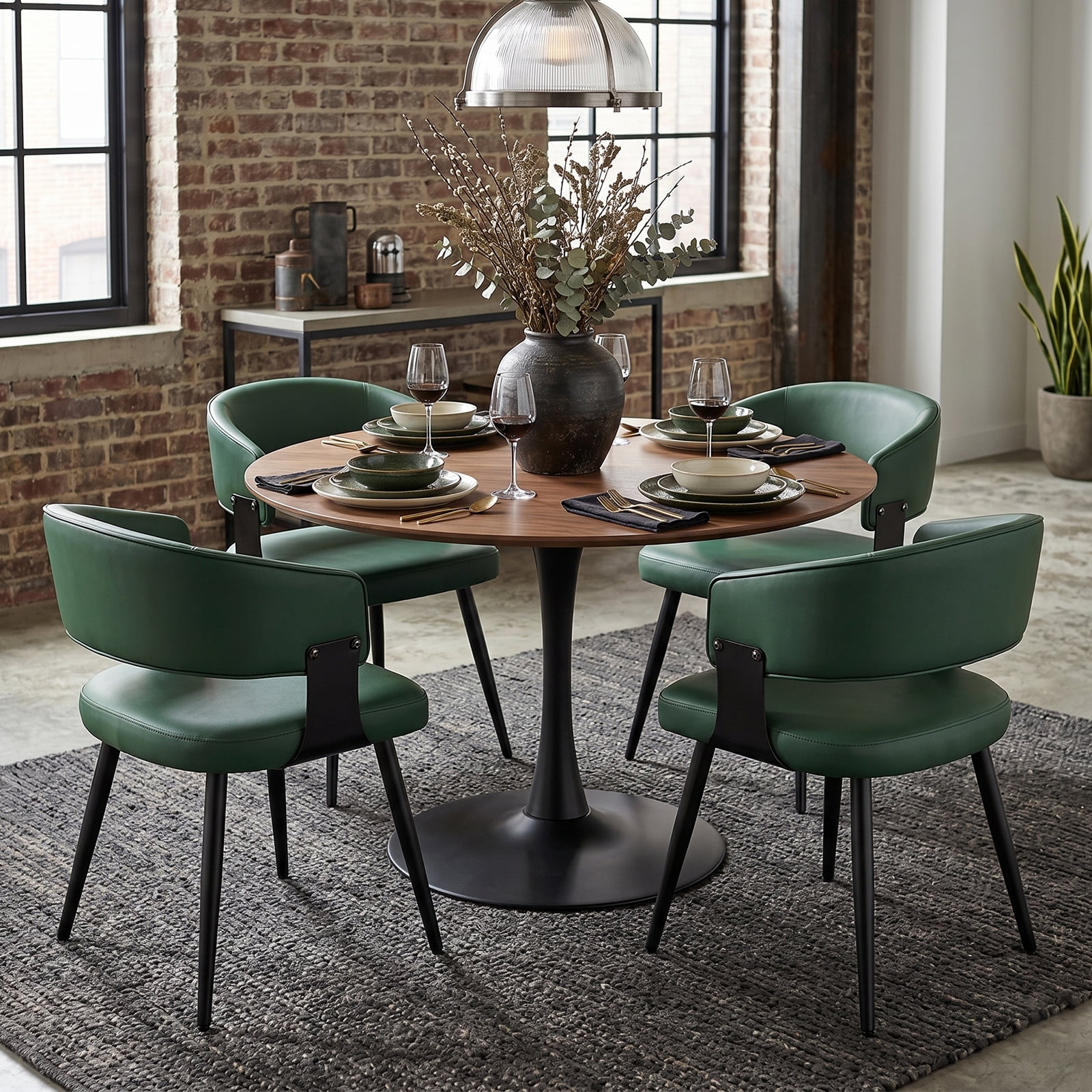 Dining Chairs Set of 4, Upholstered Faux Leather Dining Room Chair with Curved Open Back for Kitchen Living Room, Green