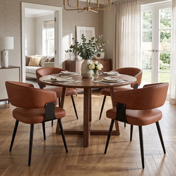 Dining Chairs Set of 4, Upholstered Faux Leather Dining Room Chair with Curved Open Back for Kitchen Living Room, Brown