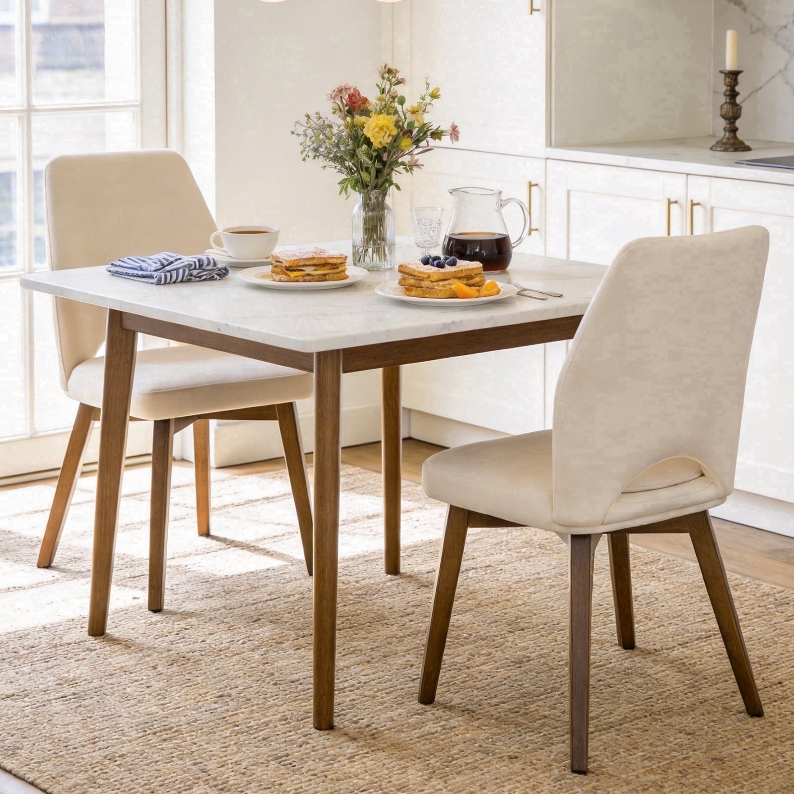 Dining Chairs Set of 2 – Modern Upholstered Kitchen Chairs (Sillas de Comedor) with Unique Cutout High Back & Wood Legs, Farmhouse Dinner Chair for Kitchen, Dining Room, or Living Room, Beige
