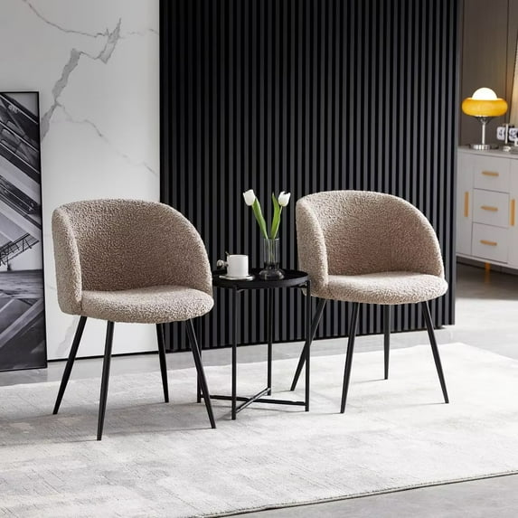 2 PCS Accent Chairs, Modern Teddy Faux Fur Dining Chairs, Upholstered Kitchen Chair, Mid Century Dinner Chair with Sturdy Legs, Side Chair Single Sofa Chair, for Kitchen Vanity Bedroom, Light Brown