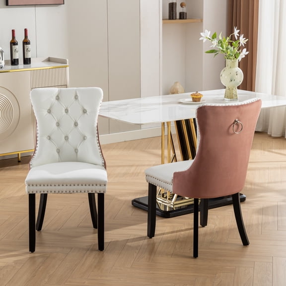 Dining Chairs Set of 2, Modern Upholstered Side Chair, High-End Tufted Solid Wood, Modern PU and Velvet Upholstered Dining Chair, Tall Back Side Chair with Button Back Ring, Wood Legs Nailhead Trim