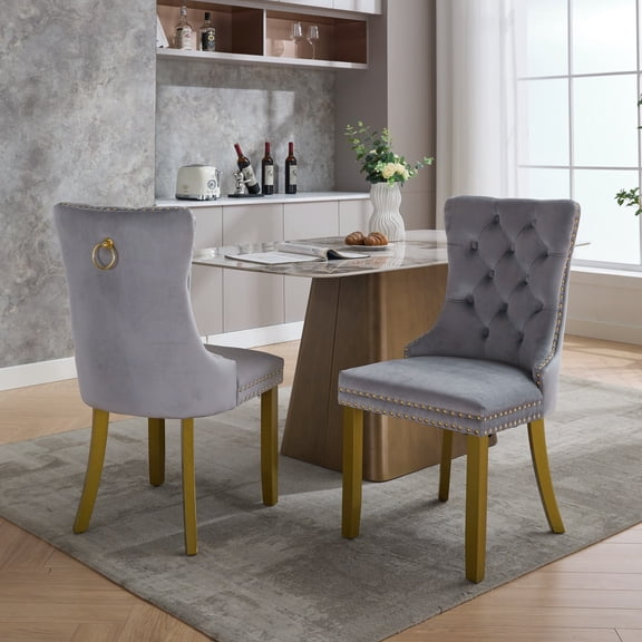 Dining Chairs Set of 2, Modern Upholstered Side Chair, High-End Tufted Solid Wood, Modern Velvet Upholstered Dining Chair, Tall Back Side Chair with Button Back Ring, Wood Legs Nailhead Trim