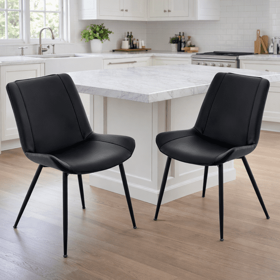 Dining Chairs Set of 2, PU Leather Armless Kitchen Chairs with Backrest, Thick Cushions, Sturdy Metal Legs, Modern Upholstered Dining Room Chairs (Black)