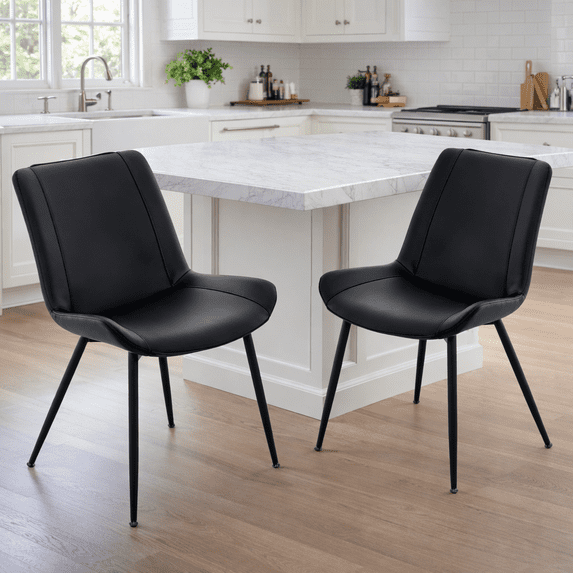Dining Chairs Set of 2, PU Leather Armless Kitchen Chairs with Backrest, Thick Cushions, Sturdy Metal Legs, Modern Upholstered Dining Room Chairs (Black)