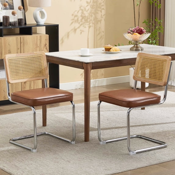 Dining Chairs Set of 2, PU Leather Upholstered Kitchen Chairs Dining Chairs, PAPROOS Rattan Dining Room Chairs Set with Cane Back & Stainless Steel Chrome Legs, for Kitchen Dining Room, Brown