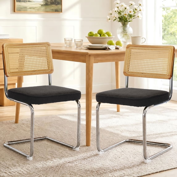 Dining Chairs Set of 2, Linen Upholstered Kitchen Chairs Dining Chairs, PAPROOS Rattan Dining Room Chairs Set with Cane Back & Stainless Steel Chrome Legs, for Kitchen Dining Room, Black
