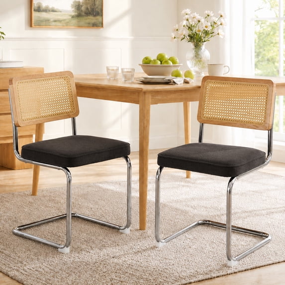 Dining Chairs Set of 2, PAPROOS Linen Upholstered Kitchen Chairs, Mid Century Dining Room Side Chairs Sett with Cane Back and Stainless Steel Chrome Legs for Kitchen Living Room, Black