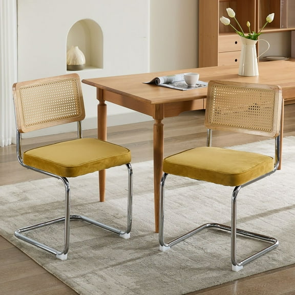 Dining Chairs Set of 2, Paproos Velvet Upholstered Dining Chairs, Mid Century Accent Chair Side Chair with Cane Back and Stainless Steel Chrome Legs, Dining Kitchen Living Room, Gold