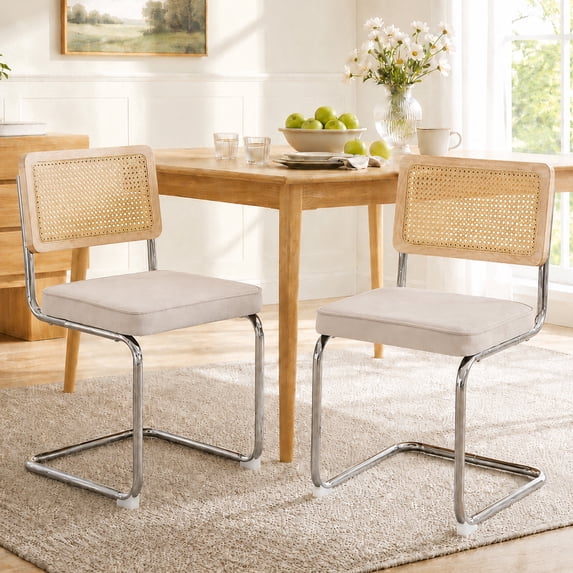 Dining Chairs Set of 2, PAPROOS Velvet Upholstered Dining Chairs, Rattan Kitchen Dining Chairs with Cane Back and Stainless Steel Chrome Legs, Beige Dining Room Chairs Set for Kitchen Dining Room