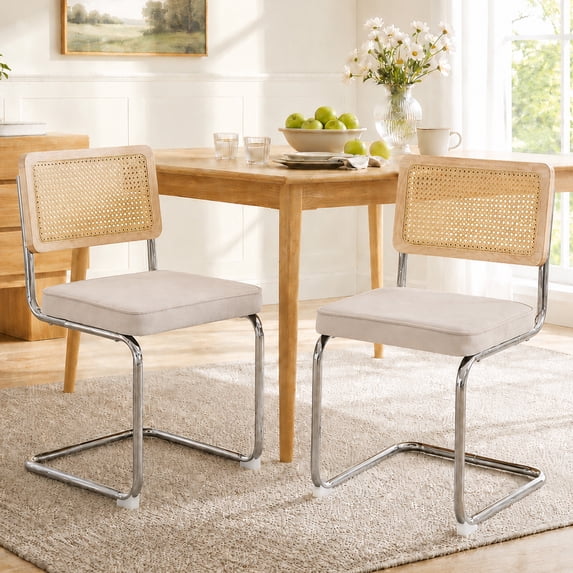 Dining Chairs Set of 2, PAPROOS Velvet Upholstered Kitchen Chairs, Mid Century Dining Room Side Chairs Sett with Cane Back and Stainless Steel Chrome Legs for Kitchen Living Room, Beige