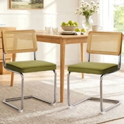 Dining Chairs Set of 2, Velvet Upholstered Kitchen Chairs Dining Chairs, PAPROOS Rattan Dining Room Chairs Set with Cane Back & Stainless Steel Chrome Legs, for Kitchen Dining Room, Olive Green