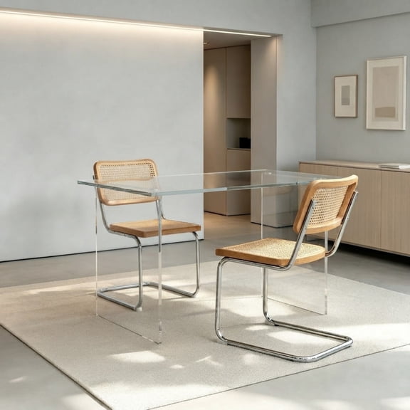 Dining Chairs Set of 2, Rattan Side Accent Chairs with Chrome Cantilever Frame, Modern Mid Century Rattan Dining Chairs for Dining Room, Living Room & Kitchen