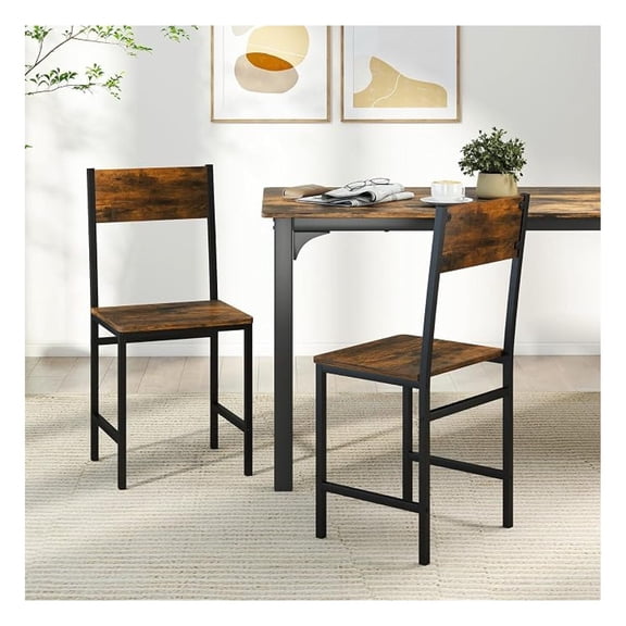 Dining Chairs Set of 2, Rustic Wood & Metal Frame Industrial Farmhouse Armless Side Chairs with Wide Comfy Seat & Slanted High Back for Dining Room, Kitchen, Home, Restaurant