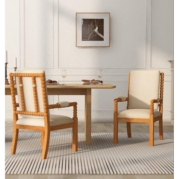 Dining Chairs Set of 2, Solid Rubber Wood Bobbin Armchairs with Cream Fabric Upholstery, High-Density Sponge Cushion, Natural Wood Finish for Kitchen, Dining Room and Cafe Use