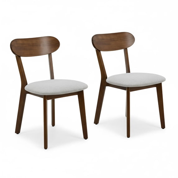 Dining Chairs, Set of 2 Solid Wood with Upholstered Cushion, Curved Backrest and Adjustable Foot Pads, Mid Century Design for Dining Room, Walnut with Gray Cushion