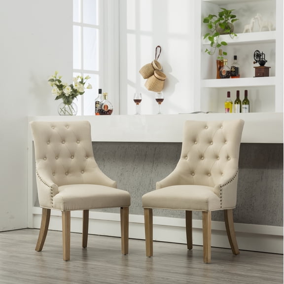 Dining Chairs, Set of 2 Tan Polyester Upholstered Wingback Hostess Chairs with Button Tufting, Gold Nailhead Trim, Solid Wood Legs, 22"W x 24"D x 39"H for Dining Room and Kitchen