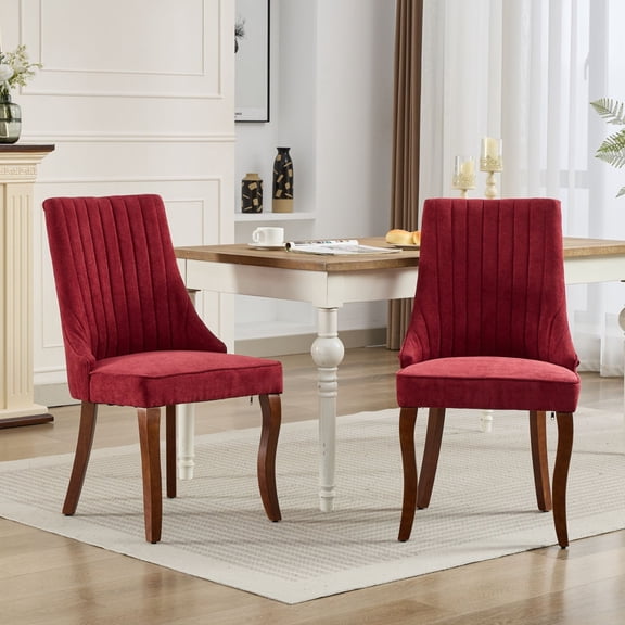 Dining Chairs Set of 2, Upholstered Chenille Accent Chairs with Solid Wood Legs and High Back, Mid Century Modern Chairs for Kitchen, Living Room, Red