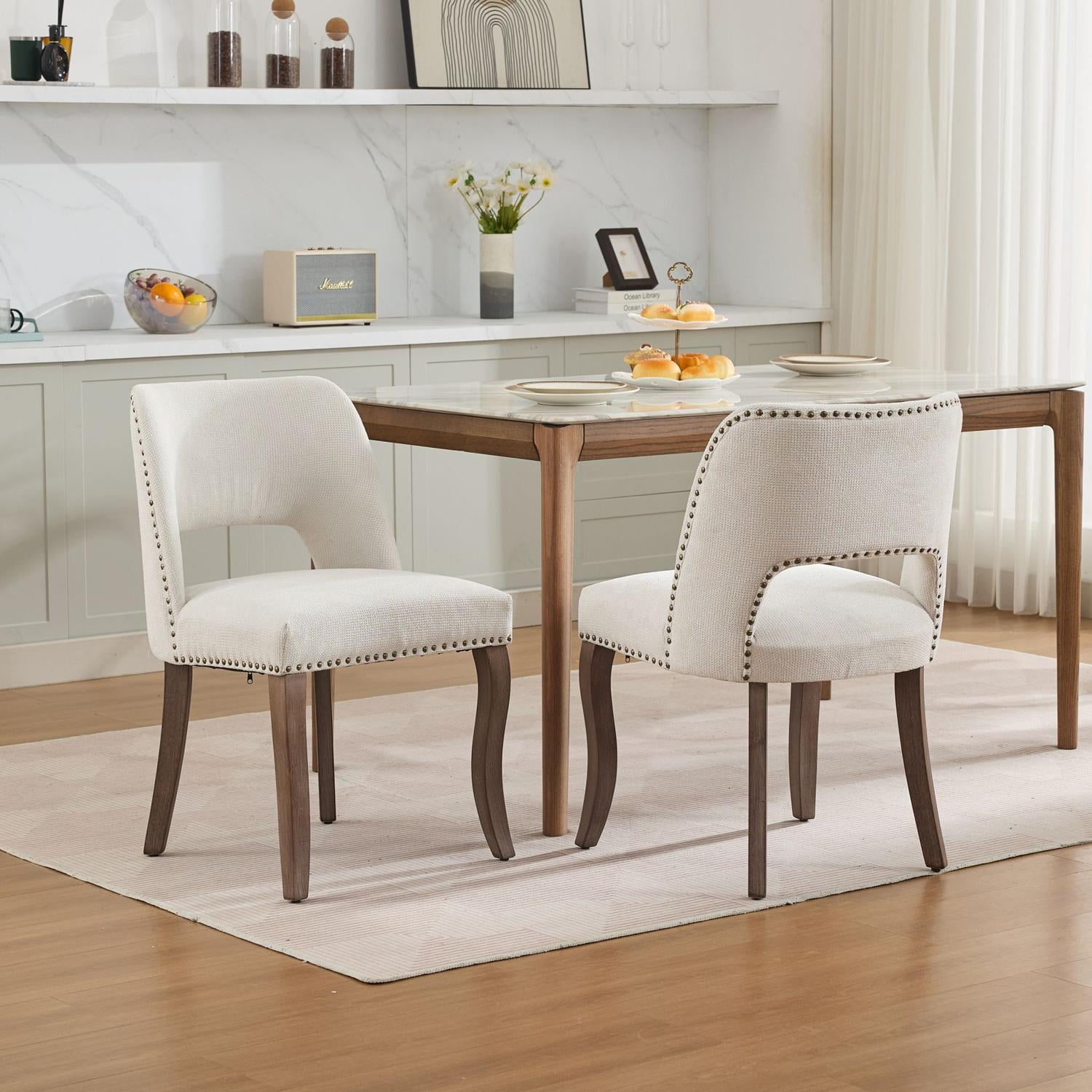 Dining Chairs Set of 2, Upholstered Dining Chairs, Farmhouse Chairs&nbsp;With Hollow-Out Curved Backrest, Dual Rebound S-Spring And Foam Cushion, Curved Solid Wood Legs, Beige Breathable Fabric