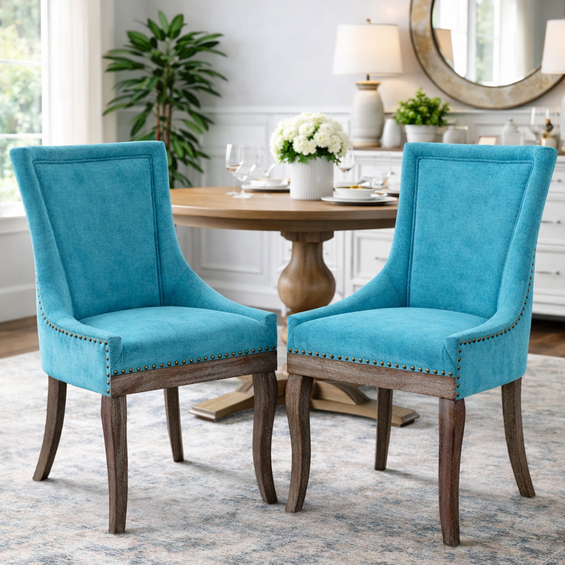 Dining Chairs Set of 2, LEGAHOME Blue Fabric Upholstered Dining Chairs, Mid-century Kitchen Chairs with High Back, Bronze Nail Head, Solid Wood Legs, Blue, 2 Pcs